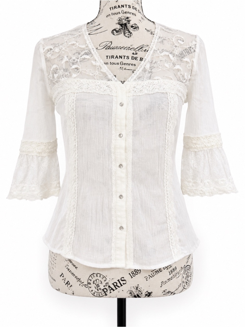 O'Neill White Lace-Trim Button Front Blouse